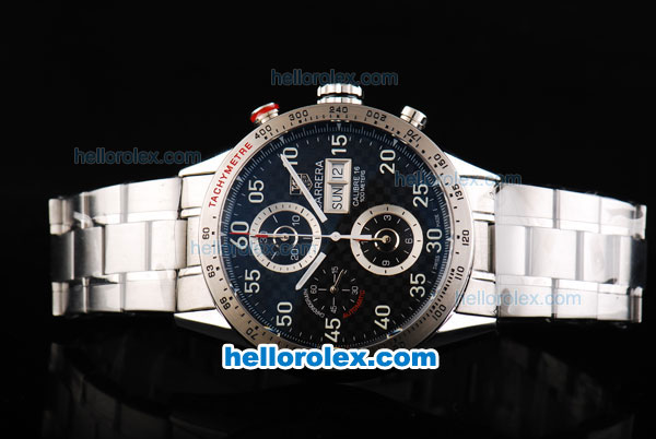 Tag Heuer Carrera Calibre 16 Swiss Valjoux 7750 Automatic Movement Full Steel with Black Dial and Silver Numeral Markers - Click Image to Close